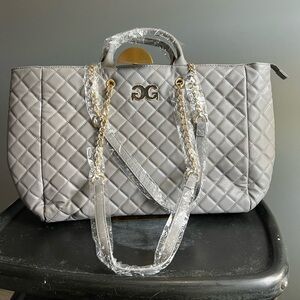 Gilda Paris Large Grey Vegan Leather Quilted Travel Tote Bag with Gold Hardware.